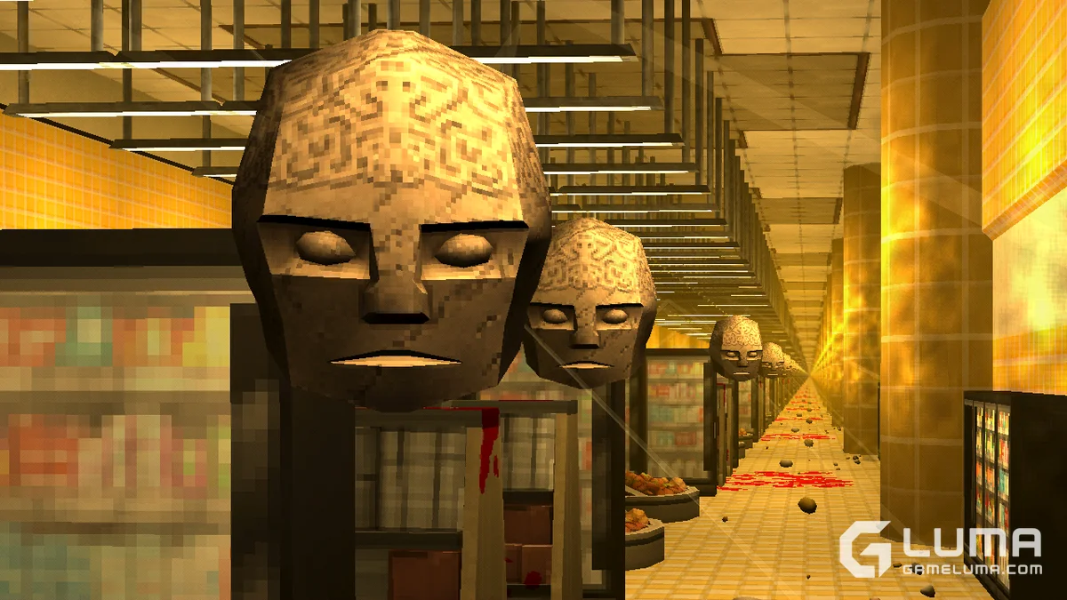 Unnerving floating heads in hazy yellow convenience store.